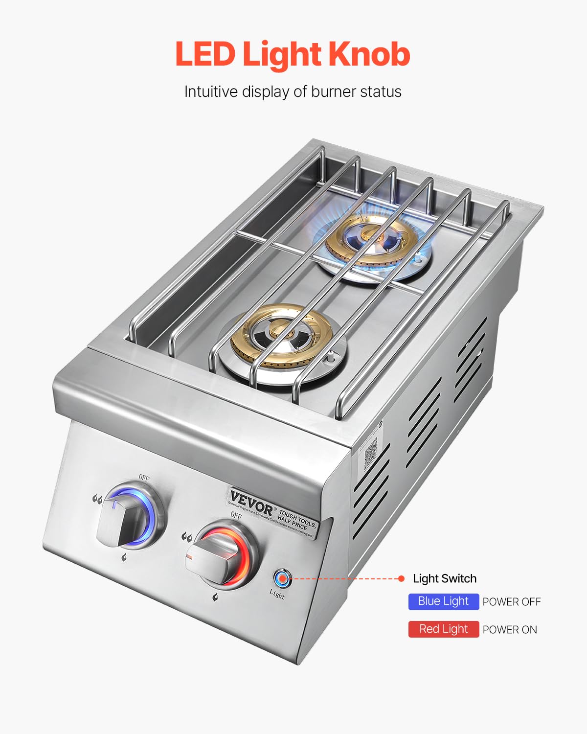 Double Side Burners, 2 x 17,000BTU Liquid Propane, Convertible to Natural Gas, 304 Stainless Steel Built-in U8566