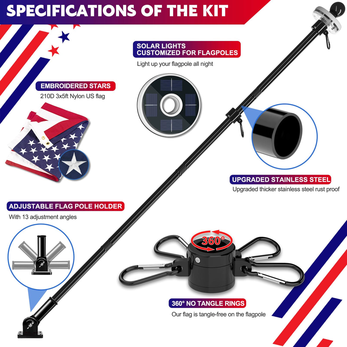 5FT Black Stainless Steel Flag Pole Kit with Solar Light and American Flag I718018