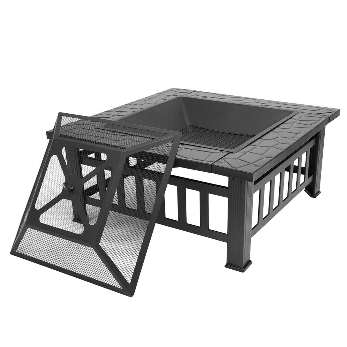 Black 32" Wood Burning Fire Pit Table with Grate, Poker and Spark Screen Cover L145