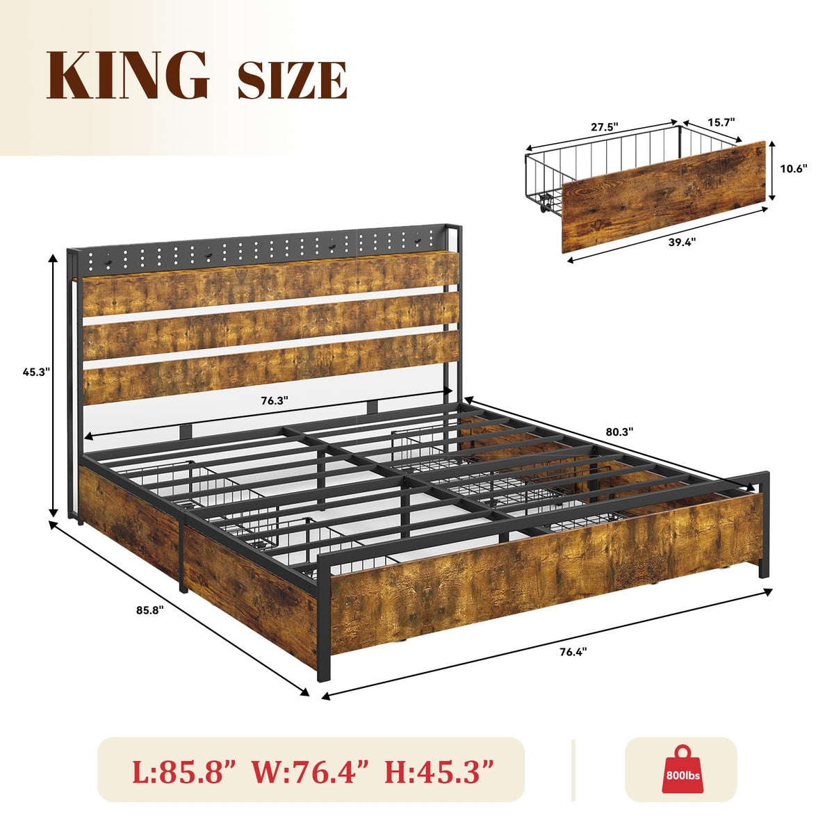 King Size Storage Bed Frame with 4 Drawers, Metal Bed Frame with Headboard Charging Station & Led Lights, Heavy Duty Platform Bedframe, No Box Spring Needed, Noise Free, Easy Assembly, Brown U54191