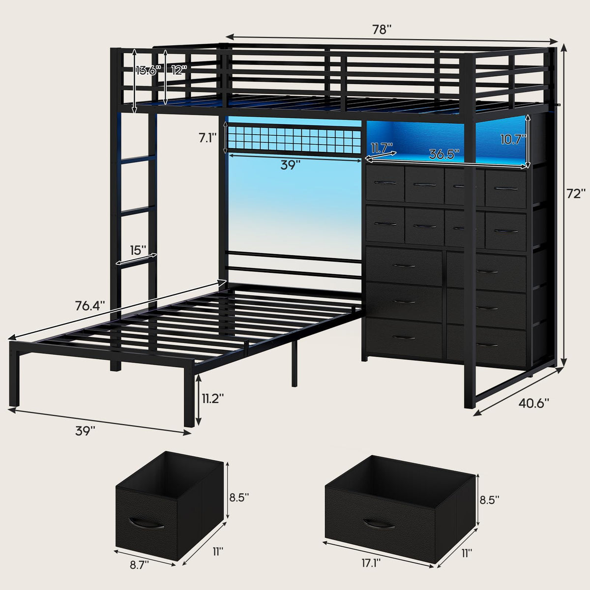 Black Twin Over Twin Bunk Bed with Storage Drawers & Bookshelf H359