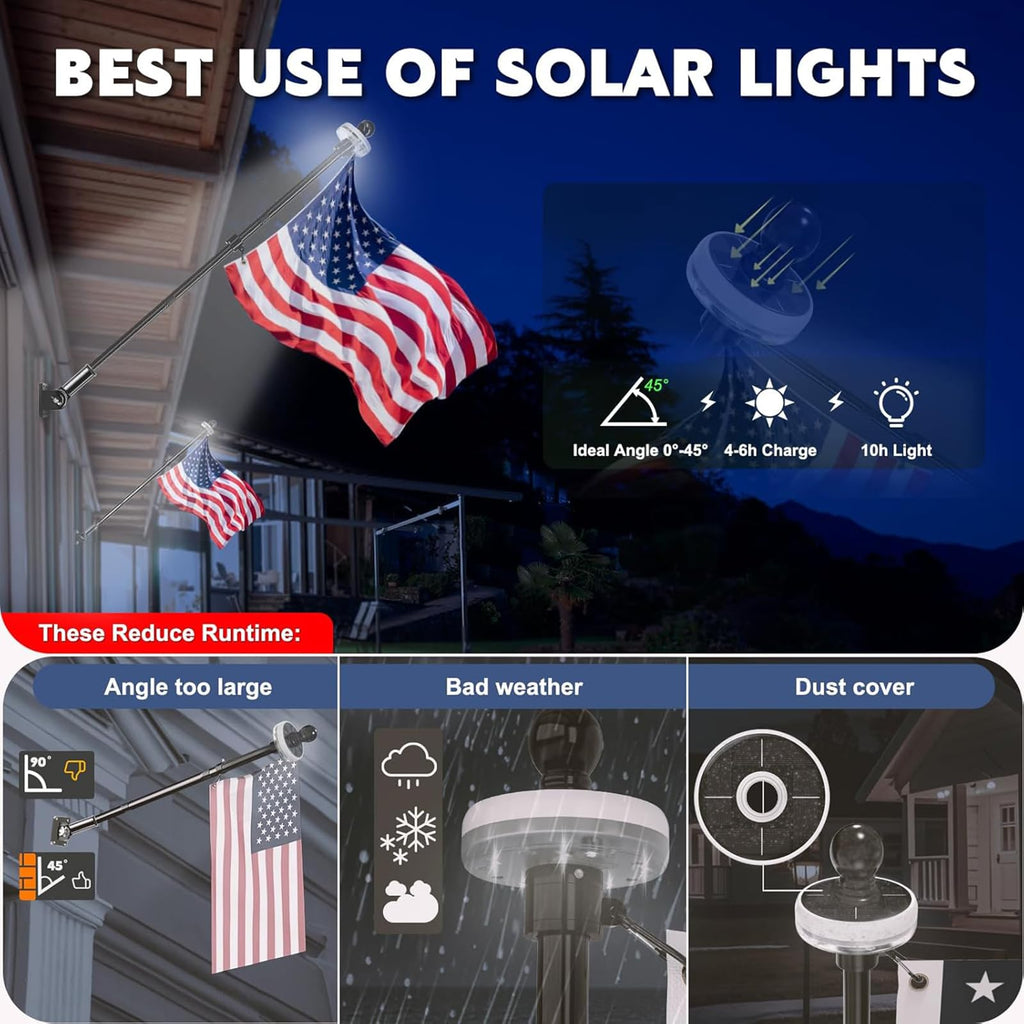5FT Black Stainless Steel Flag Pole Kit with Solar Light and American Flag I718018