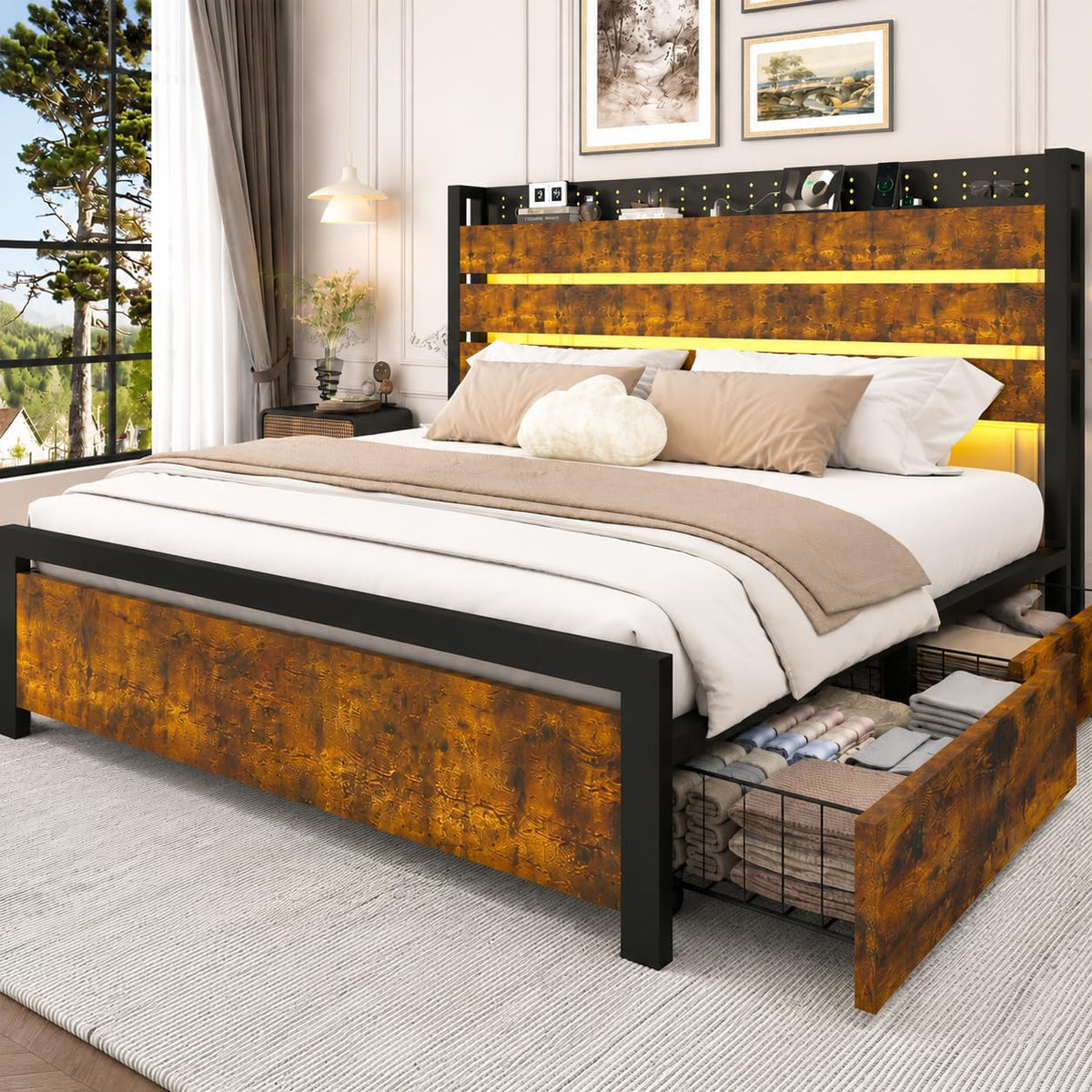 King Size Storage Bed Frame with 4 Drawers, Metal Bed Frame with Headboard Charging Station & Led Lights, Heavy Duty Platform Bedframe, No Box Spring Needed, Noise Free, Easy Assembly, Brown U54191