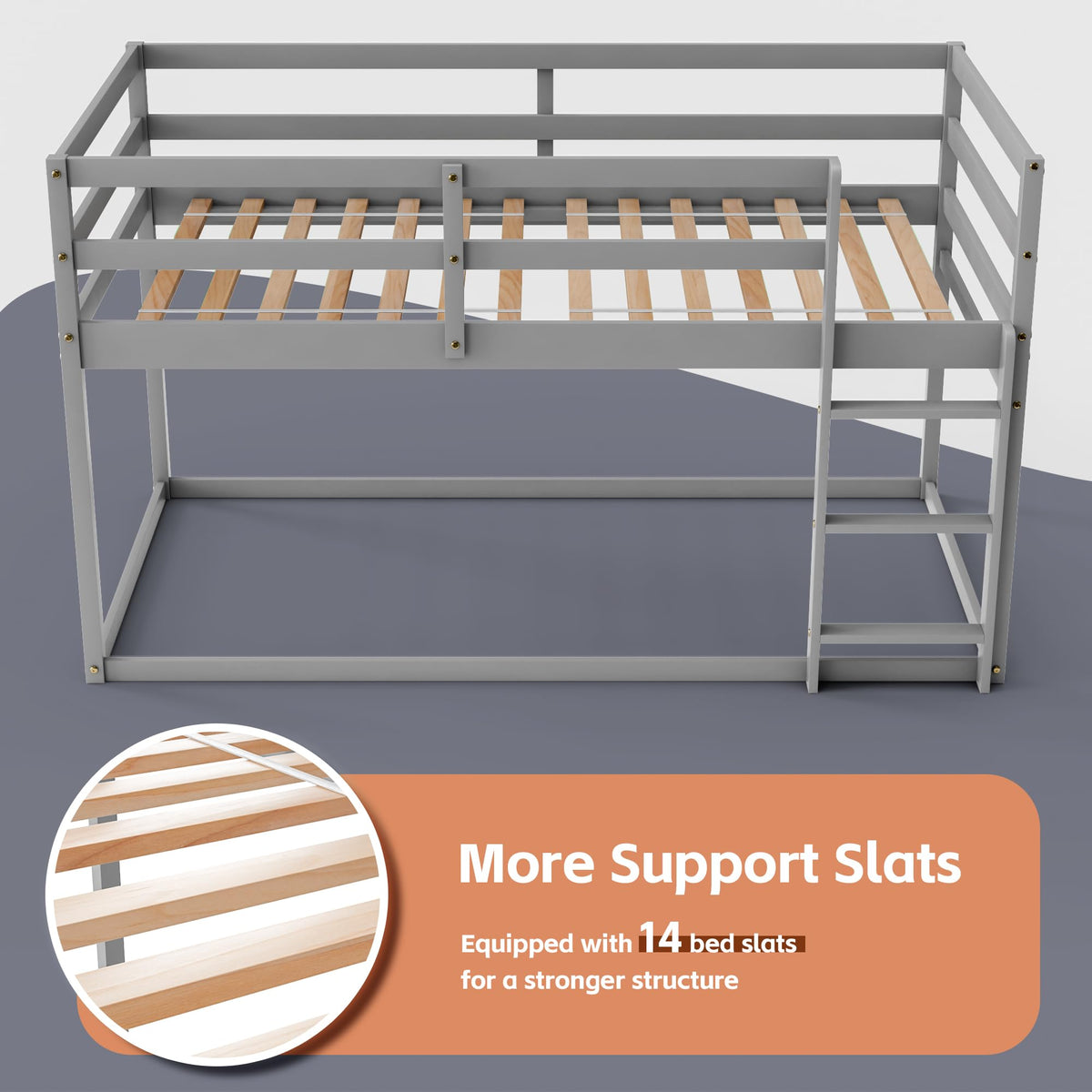 Low Twin Over Twin Wooden Bunk Bed with Ladder and Guardrails D48941