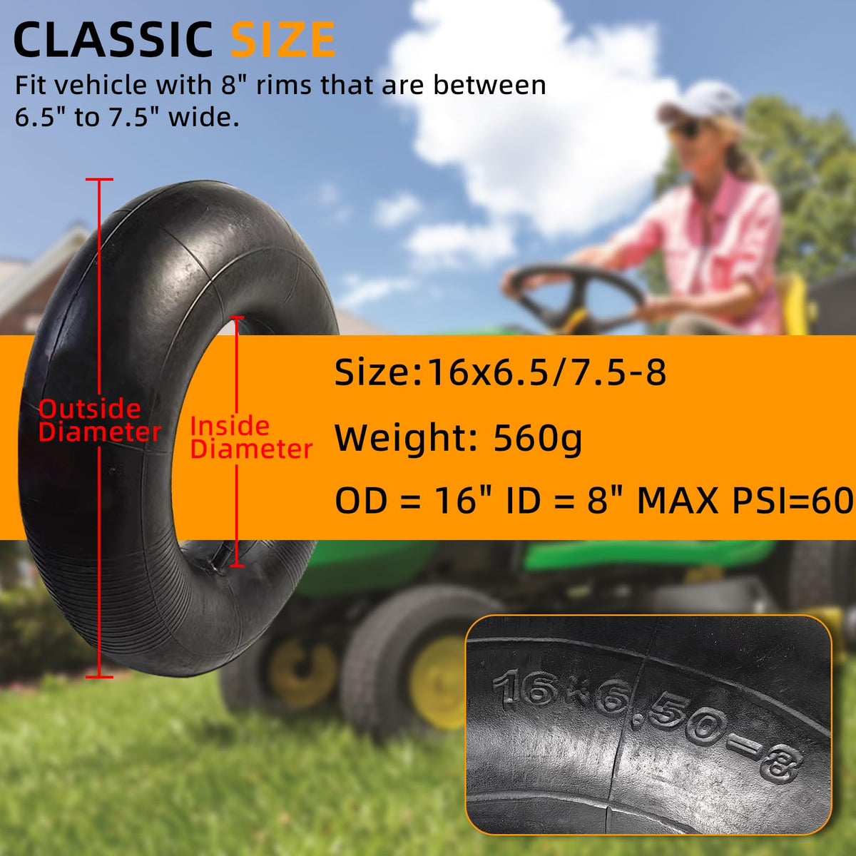 2 Pack 16x6.50-8/7.50-8 Lawn Mower Tire Inner Tubes with TR-13 Straight Valve Stem C1593
