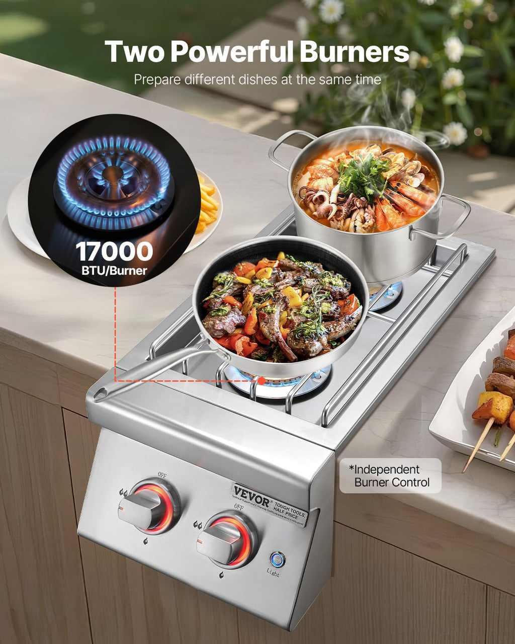 Double Side Burners, 2 x 17,000BTU Liquid Propane, Convertible to Natural Gas, 304 Stainless Steel Built-in U8566