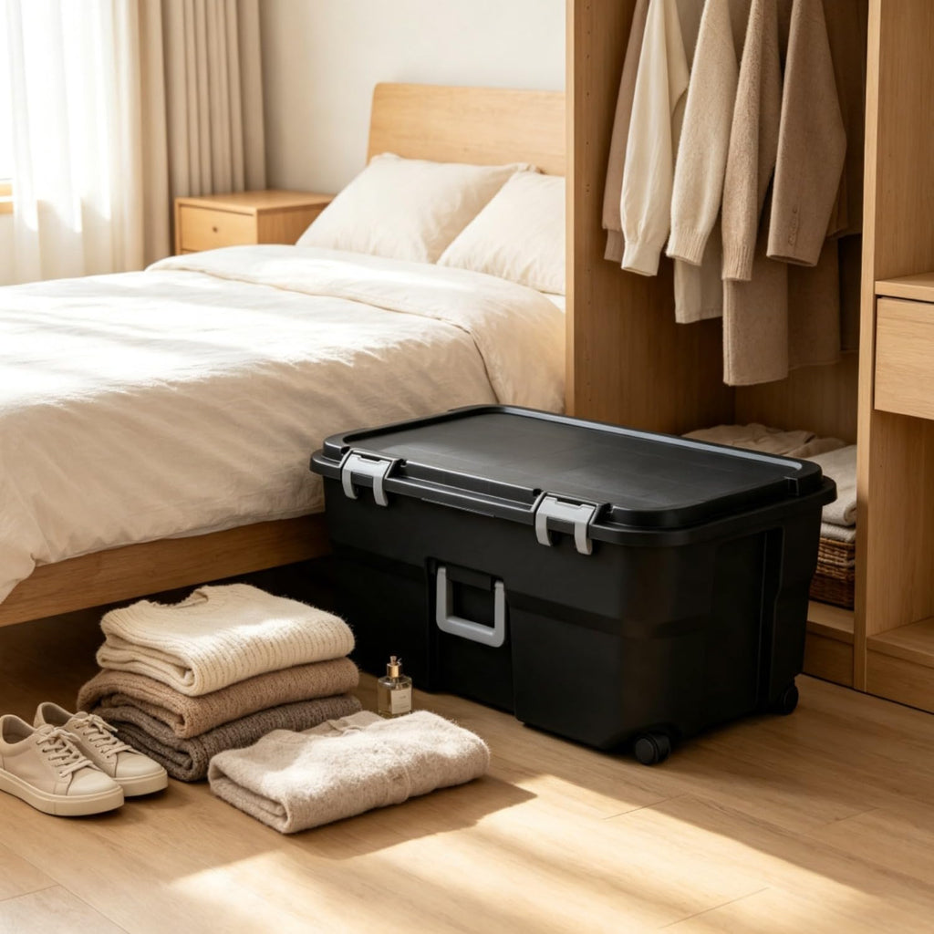 Black Lockable Wheeled Plastic Storage Footlocker V2861