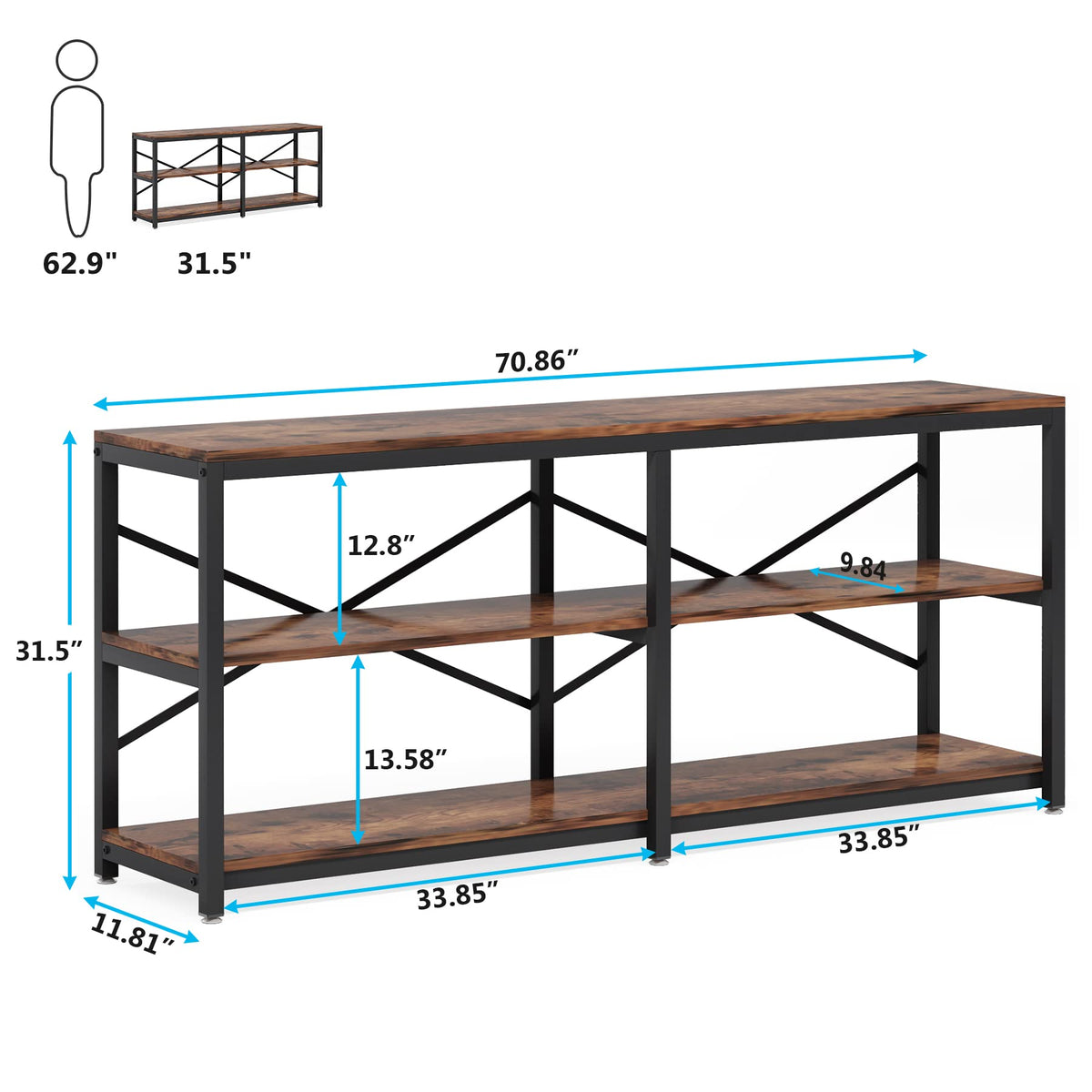 70.9 Inch 3-Tier Console Table with Storage Shelves N597