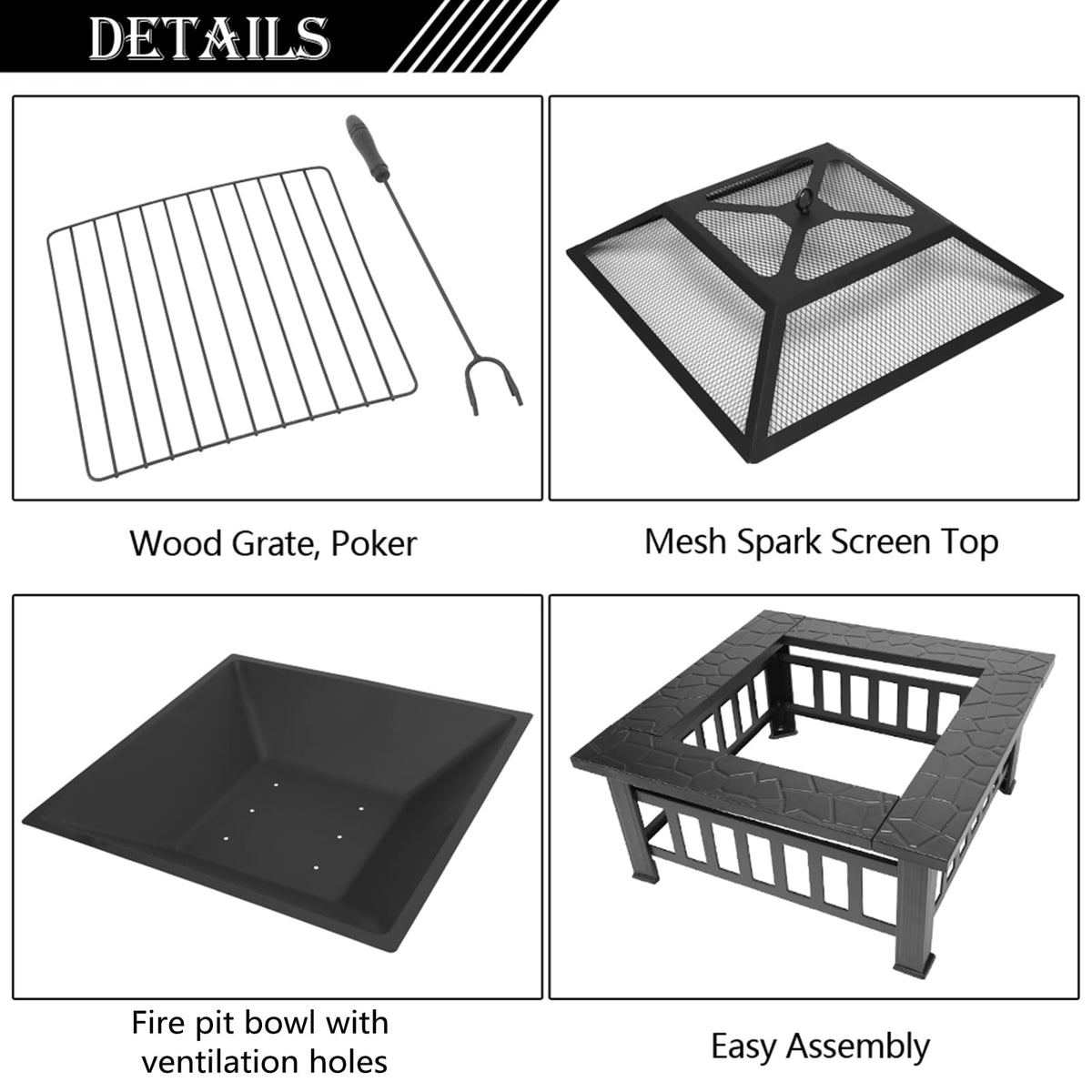 Black 32" Wood Burning Fire Pit Table with Grate, Poker and Spark Screen Cover L145