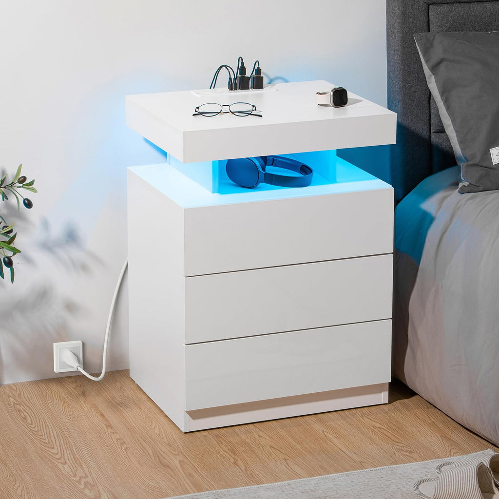 White 3 Drawer Nightstand with Wireless Charging Station P2839