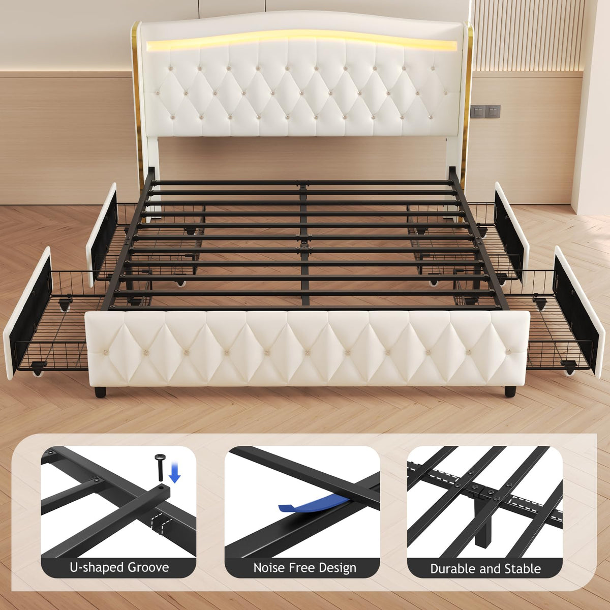 White Full Size Bed Frame with 4 Storage Drawers T66915