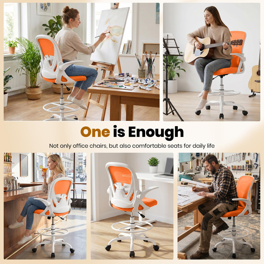 Tall Ergonomic Drafting Chair with Flip-up Armrests and Footrest Ring W83952