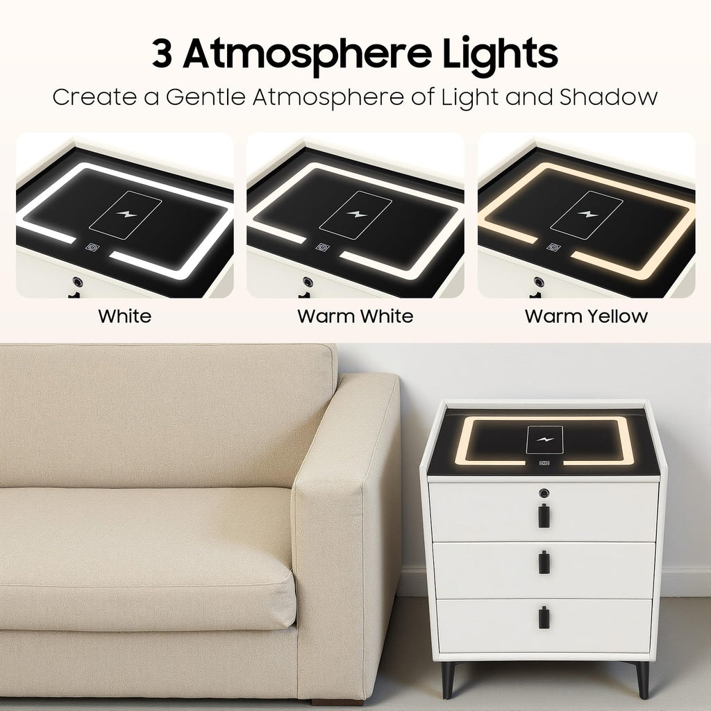 Beige White 3 Drawer Nightstand with Wireless Charging D406913