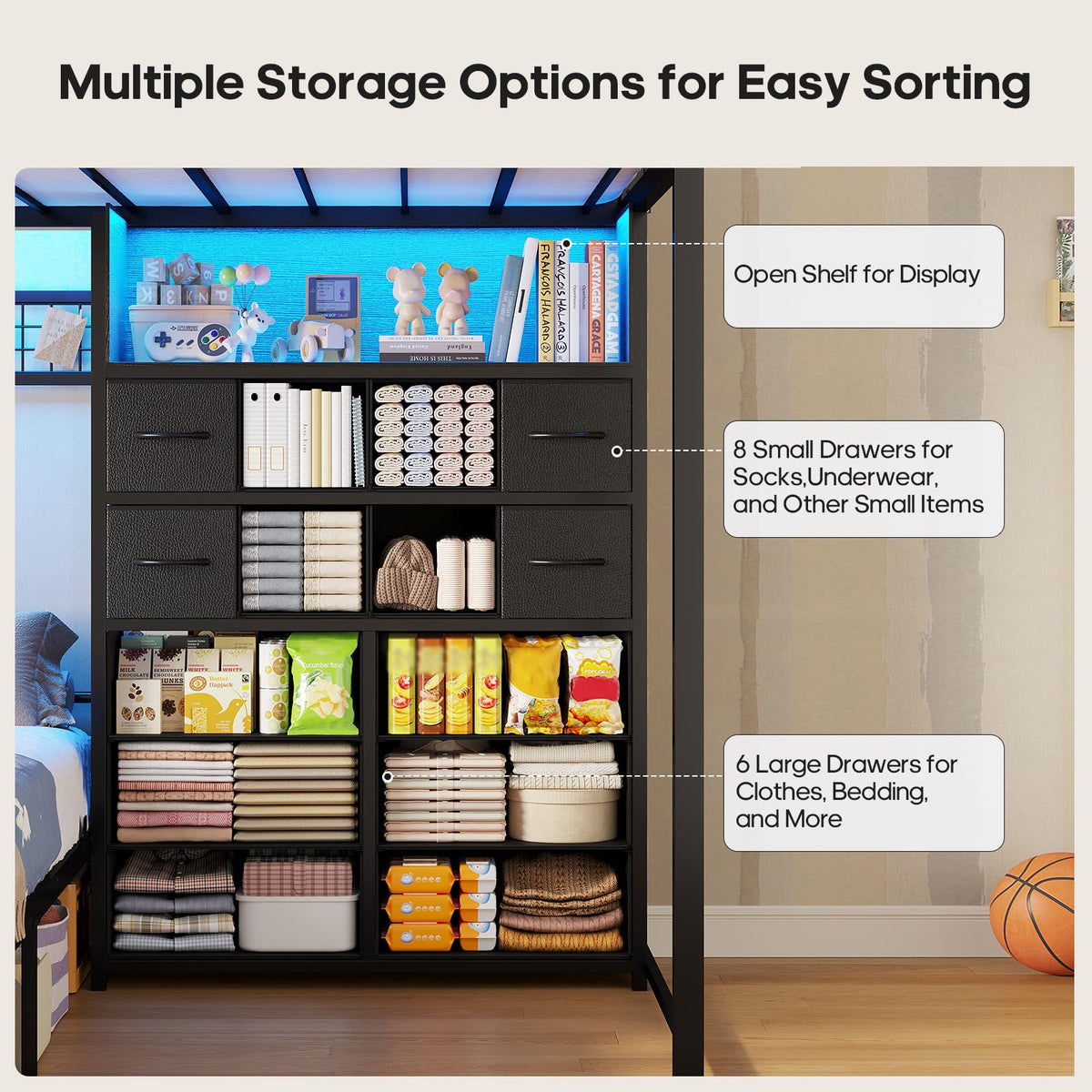 Black Twin Over Twin Bunk Bed with Storage Drawers & Bookshelf H359