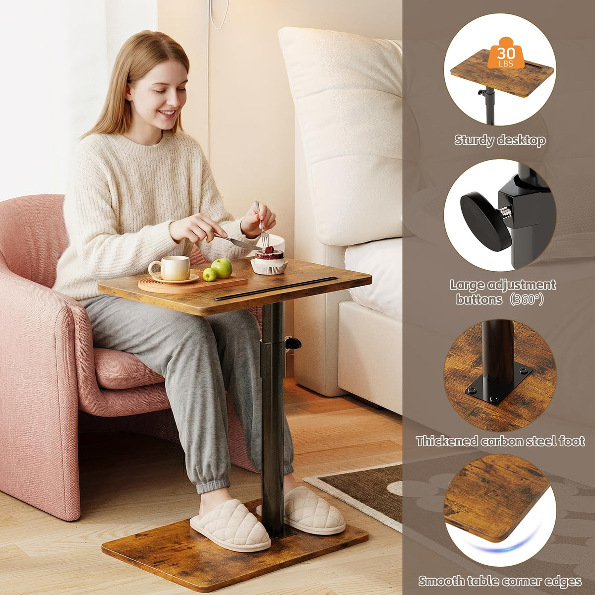 Height Adjustable Swivel C Shaped Side Table Set of 2 P7090