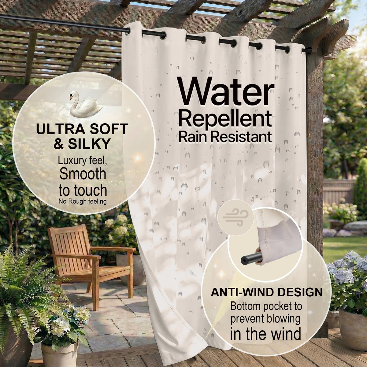 W52 x L108 Weather-resistant Grommet Top Curtains (2 Panels) T970