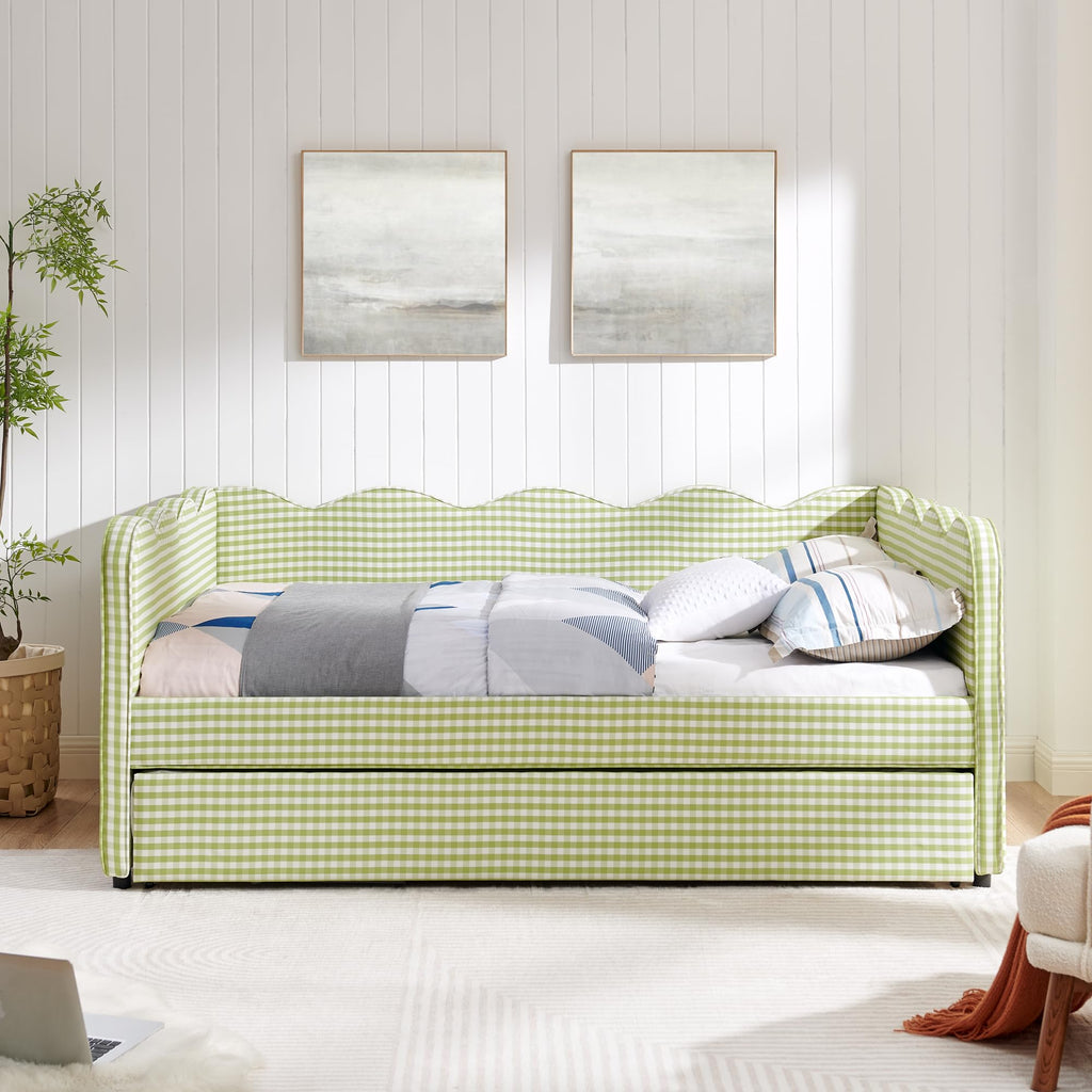 Green Gingham Full to King Upholstered Daybed with Trundle V588155
