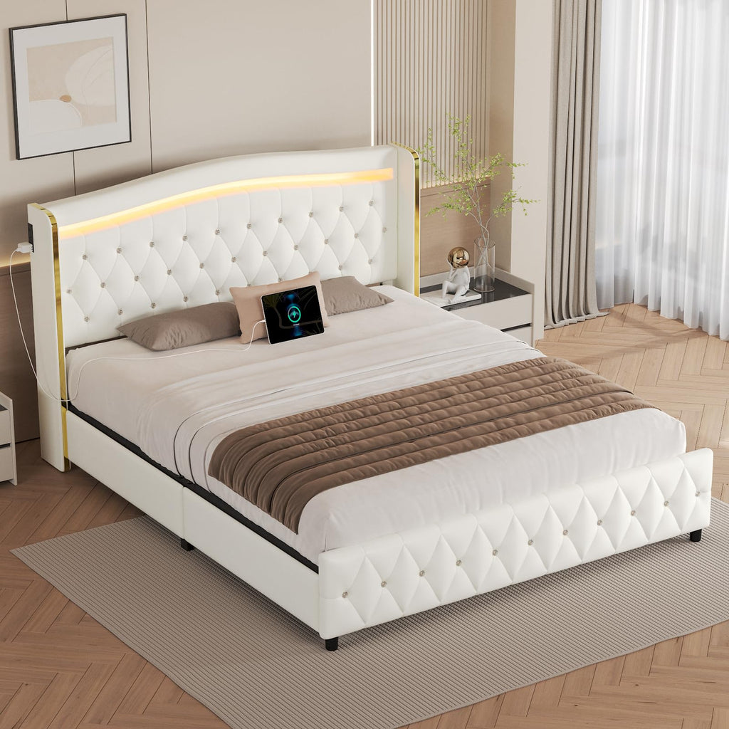 White Full Size Bed Frame with 4 Storage Drawers T66915