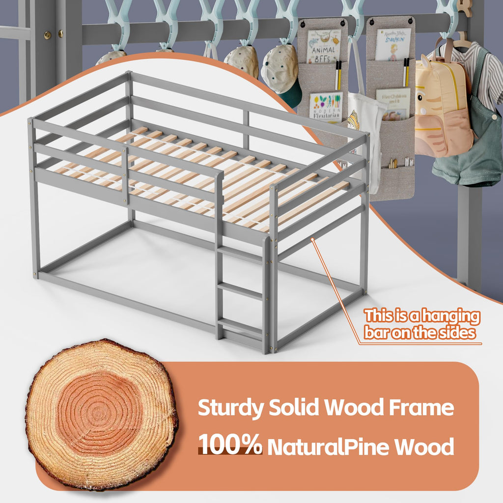 Low Twin Over Twin Wooden Bunk Bed with Ladder and Guardrails D48941