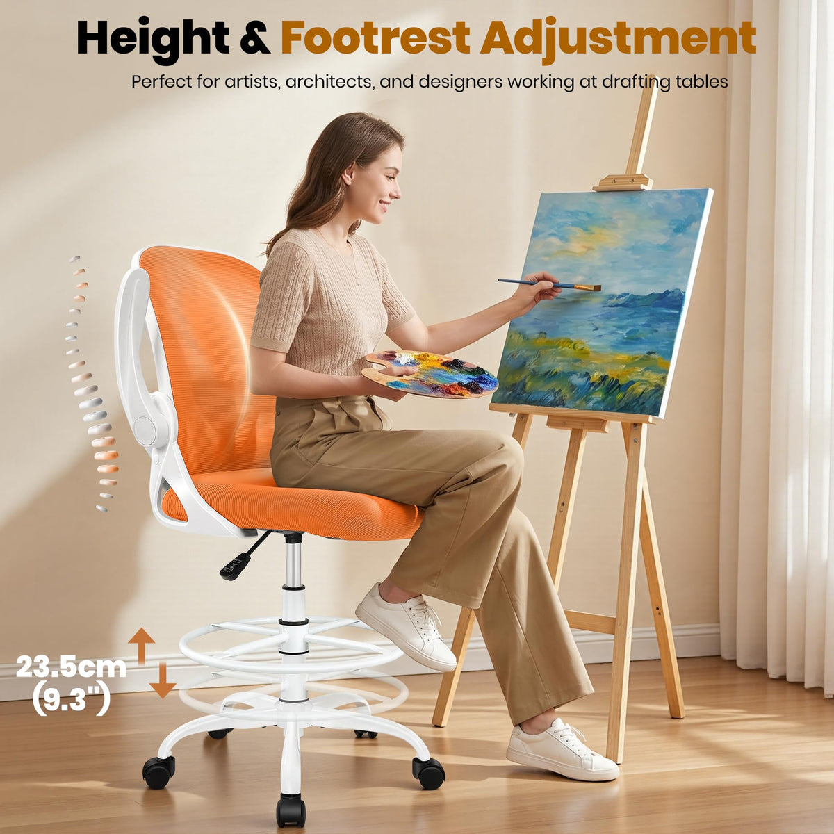 Tall Ergonomic Drafting Chair with Flip-up Armrests and Footrest Ring W83952