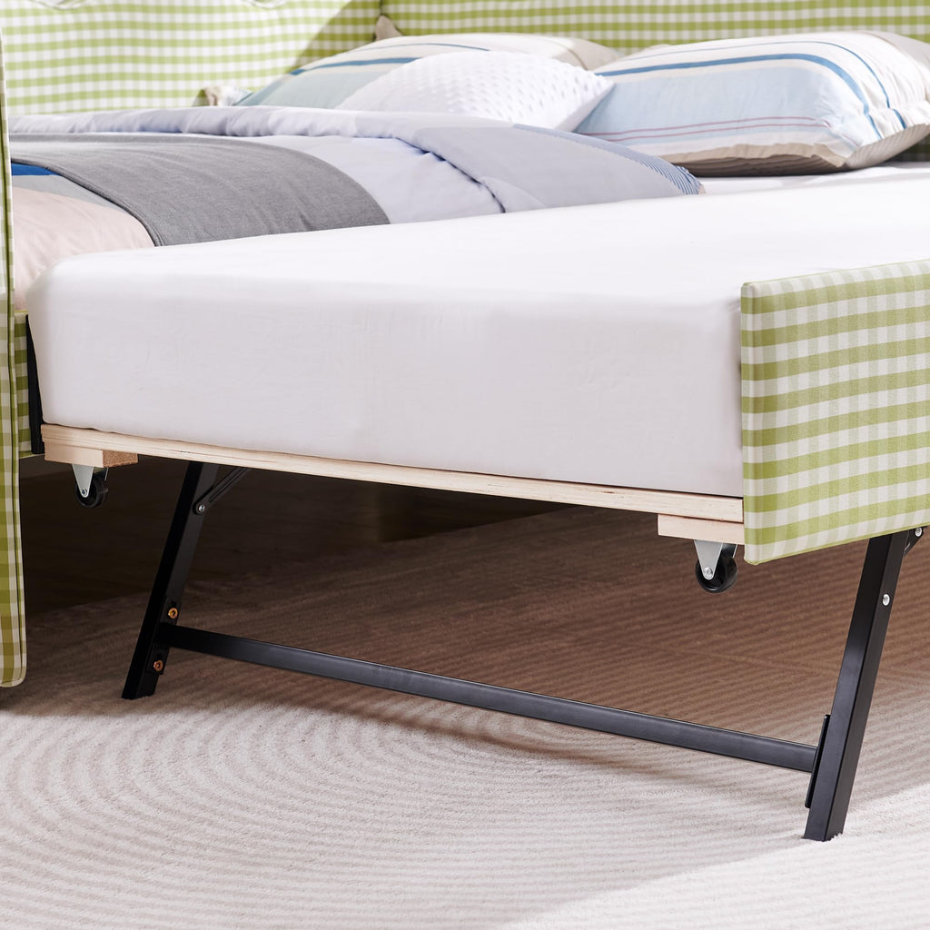 Green Gingham Full to King Upholstered Daybed with Trundle V588155