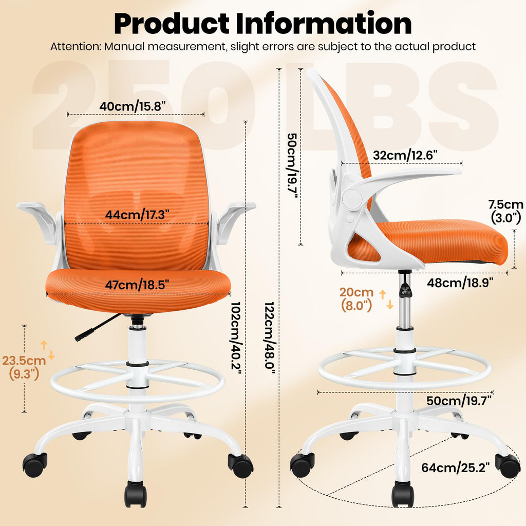 Tall Ergonomic Drafting Chair with Flip-up Armrests and Footrest Ring W83952