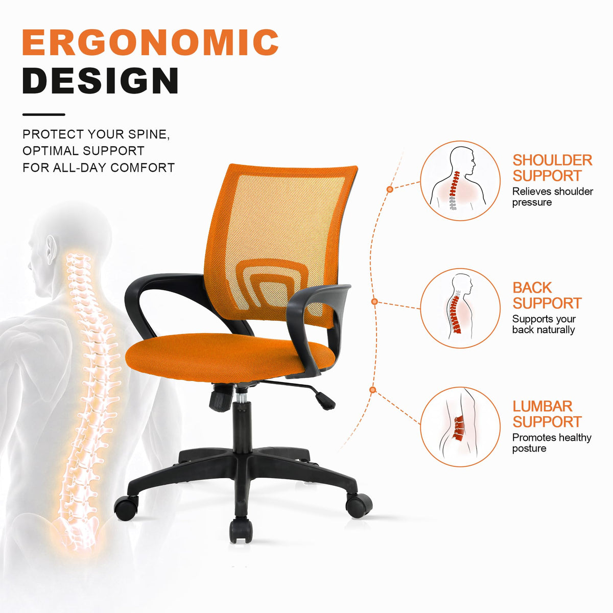 Orange Ergonomic Mesh Office Chair with Lumbar Support U19959