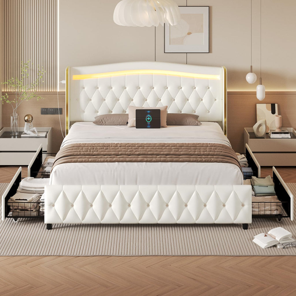White Full Size Bed Frame with 4 Storage Drawers T66915