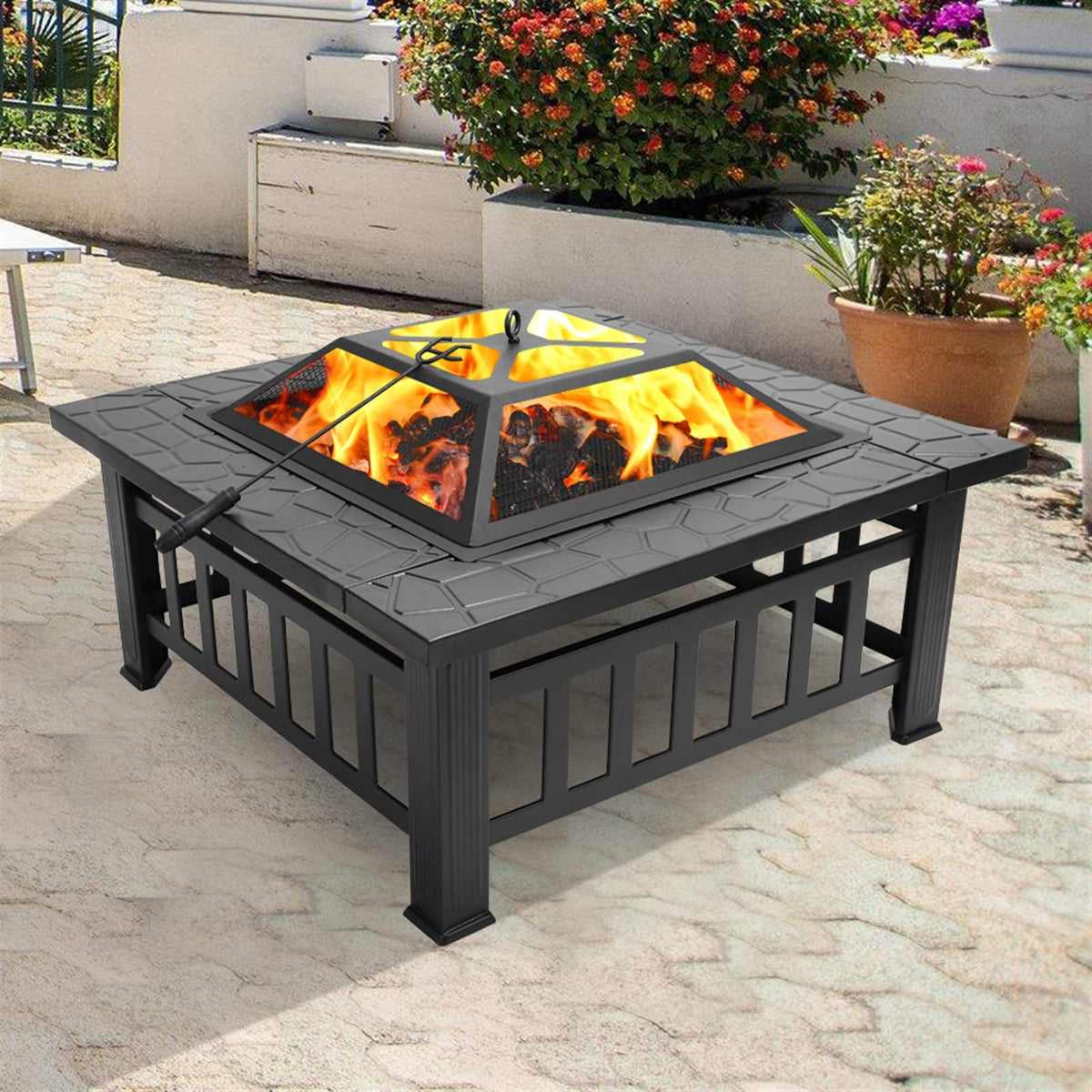 Black 32" Wood Burning Fire Pit Table with Grate, Poker and Spark Screen Cover L145