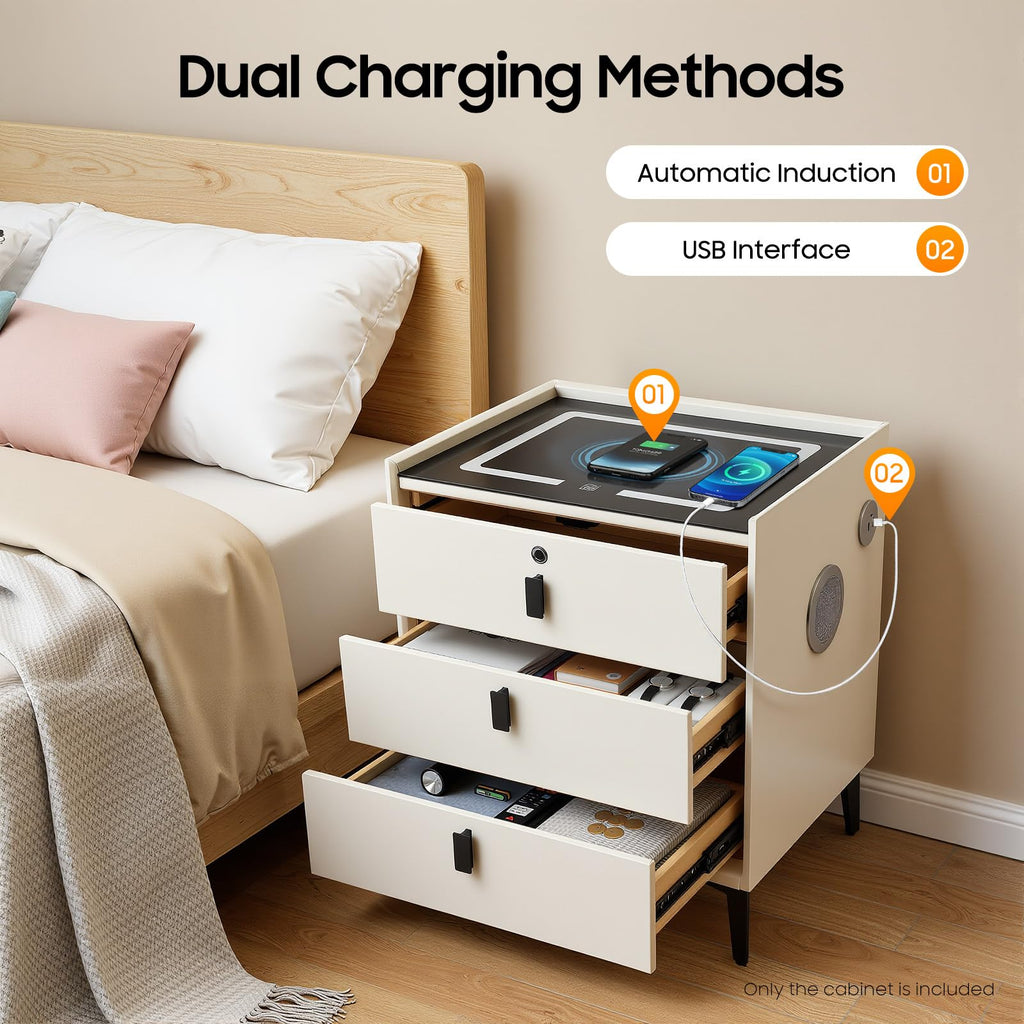 Beige White 3 Drawer Nightstand with Wireless Charging D406913
