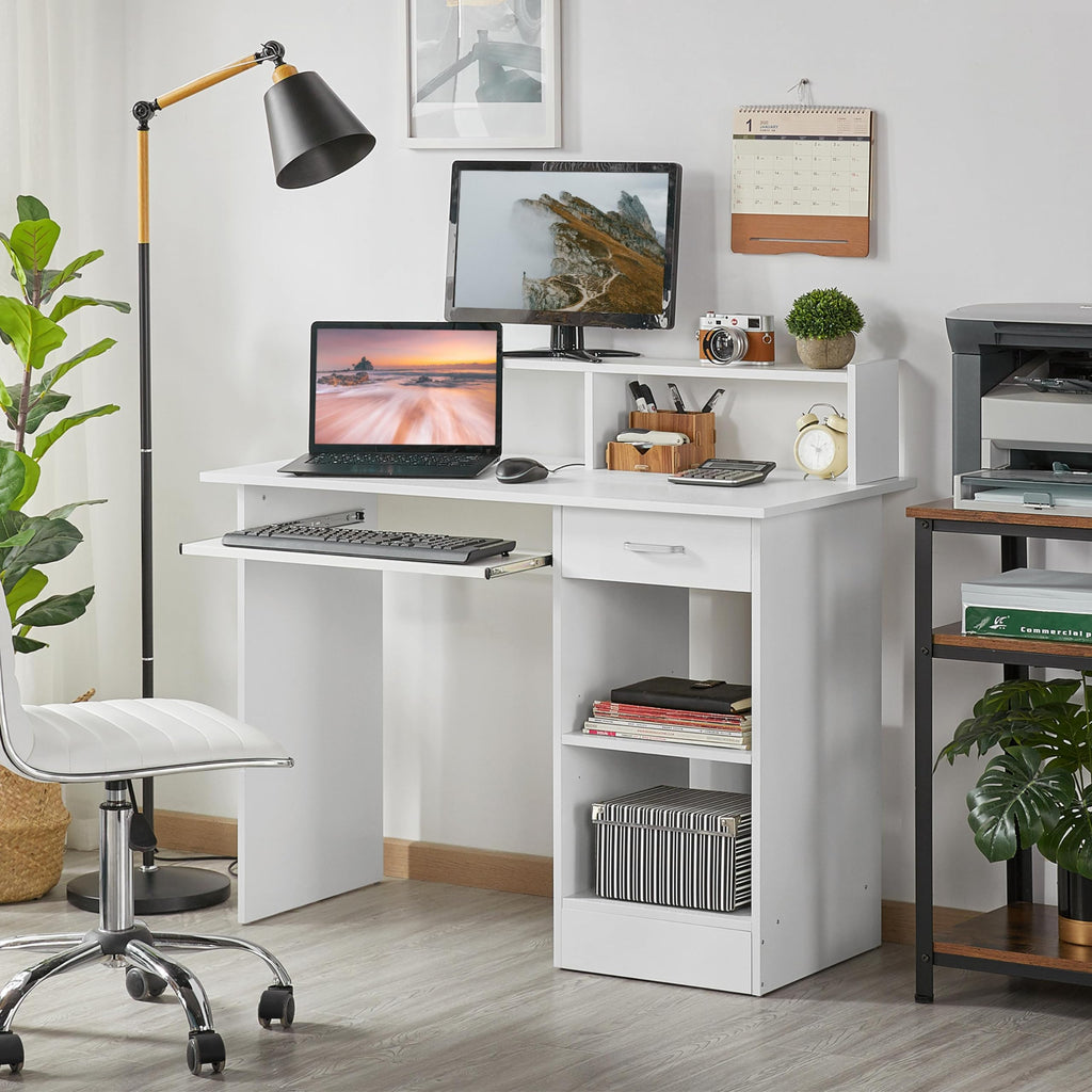 White Computer Desk with Keyboard Tray, Drawers, and Shelves X433