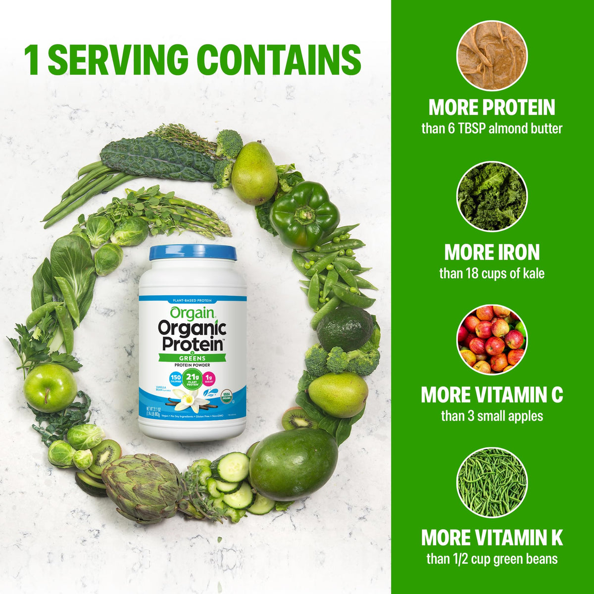 Organic Vegan Protein Powder + Greens Vanilla Bean 21g Plant Based Gluten Free Dairy Free 1.94lb Z71129