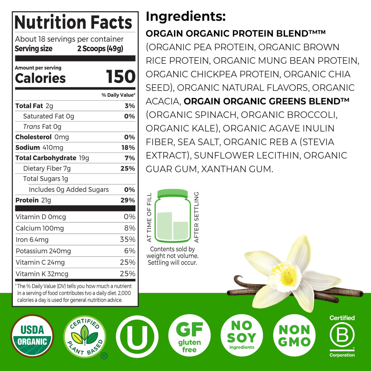 Organic Vegan Protein Powder + Greens Vanilla Bean 21g Plant Based Gluten Free Dairy Free 1.94lb Z71129