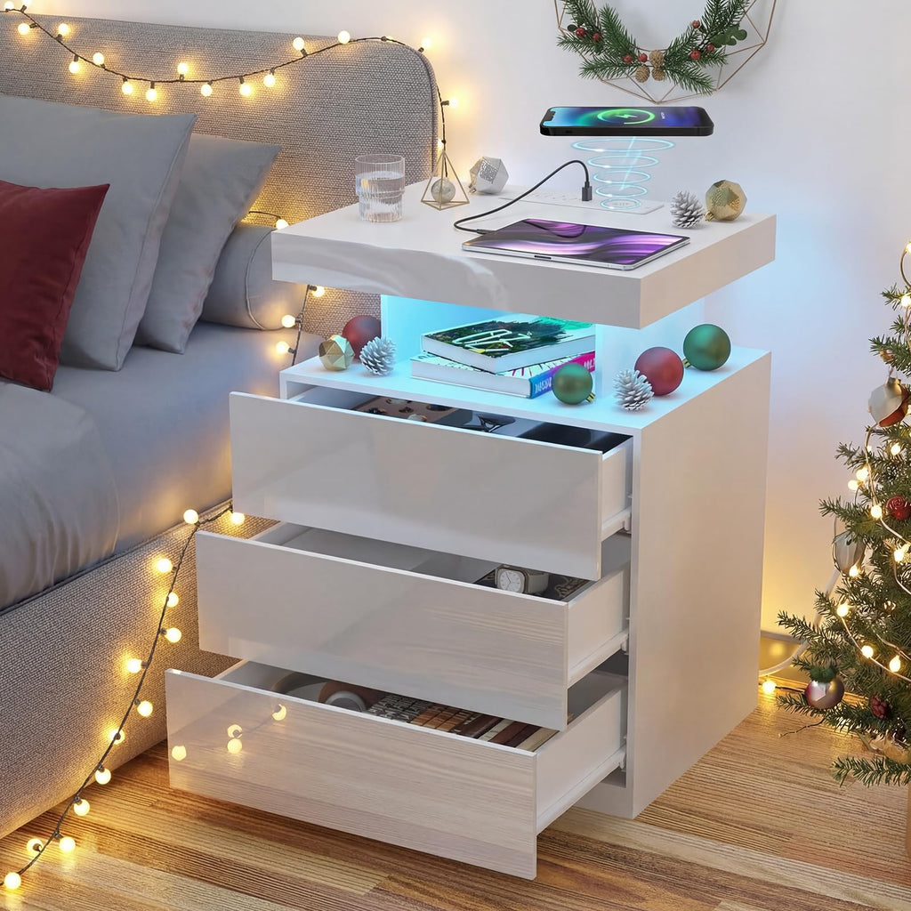 White 3 Drawer Nightstand with Wireless Charging Station P2839