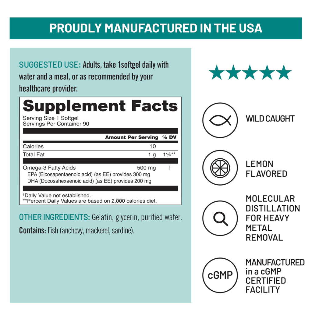 Omega 3 Fish Oil 500 mg EPA & DHA 90 Softgels Q488639
