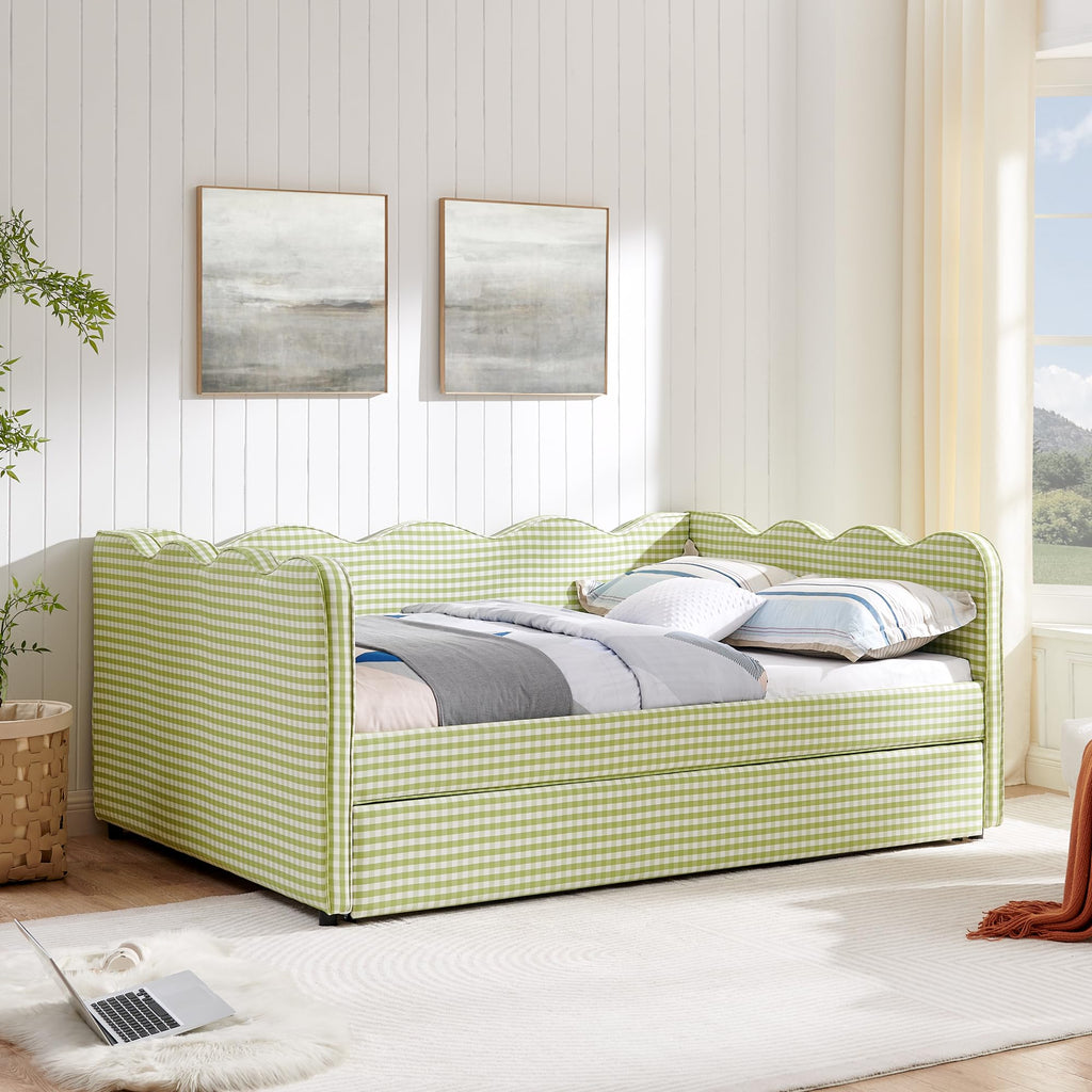 Green Gingham Full to King Upholstered Daybed with Trundle V588155