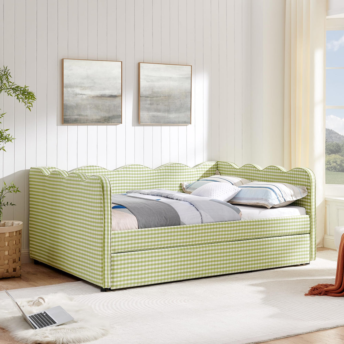 Green Gingham Full to King Upholstered Daybed with Trundle V588155