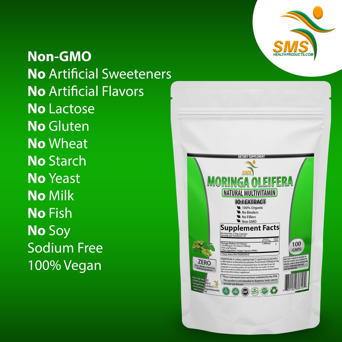 Moringa Oleifera 100 Veggie Capsules 1000mg Leaf Powder W65388