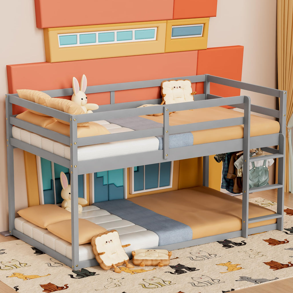 Low Twin Over Twin Wooden Bunk Bed with Ladder and Guardrails D48941