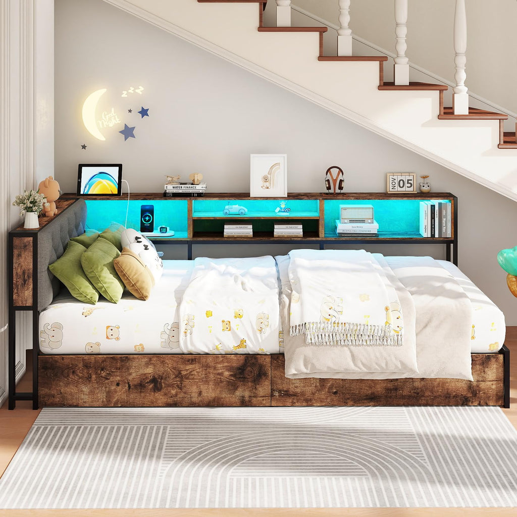 Twin Size Corner Bed Frame with Storage and Headboard O695405