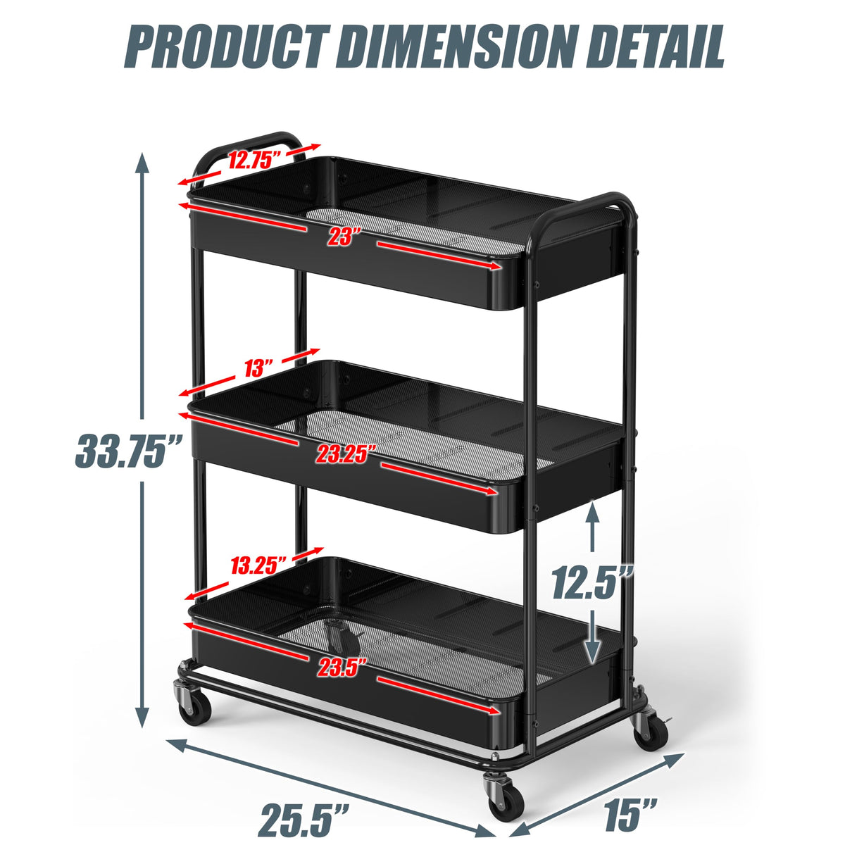 26" 3-Tier Metal Utility Cart, Black G9878