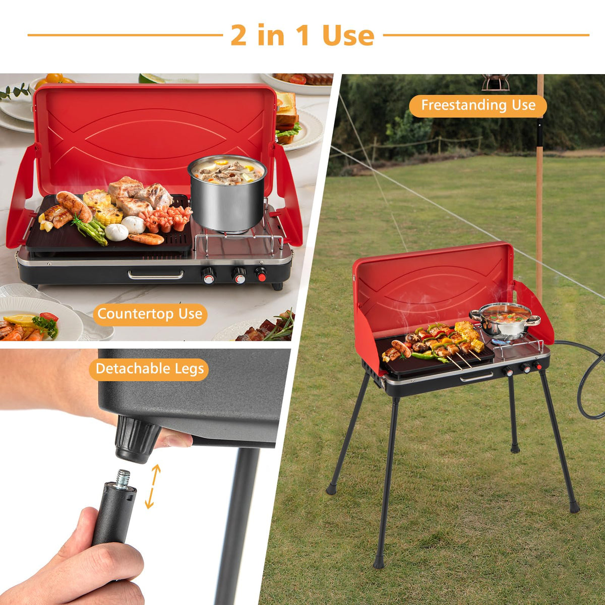 2-Burner Portable Gas Camping Stove with Detachable Legs J56482