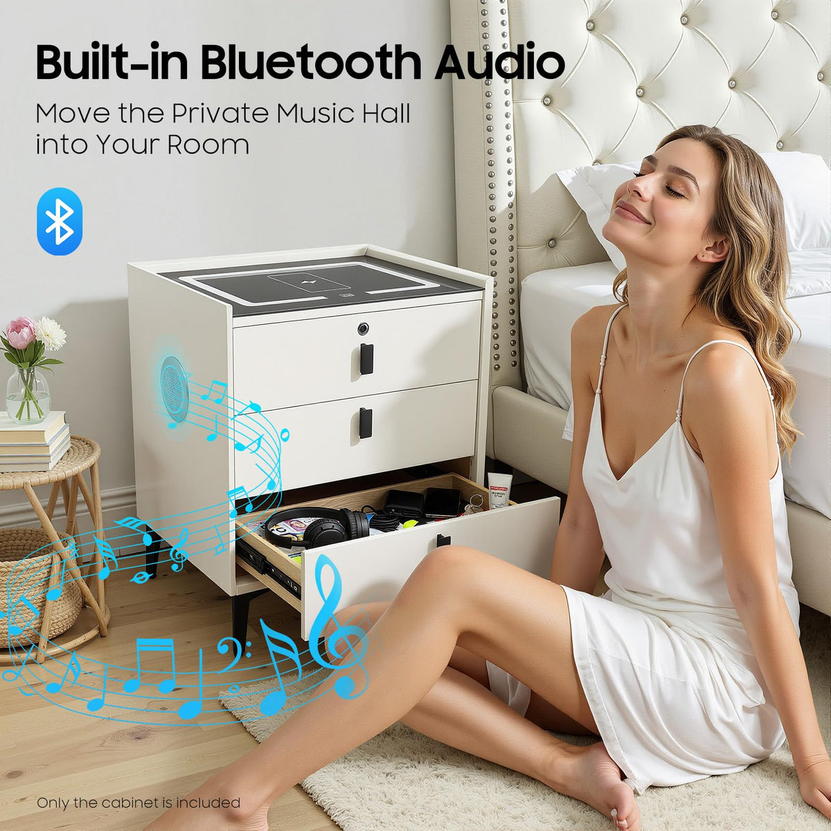 Beige White 3 Drawer Nightstand with Wireless Charging D406913