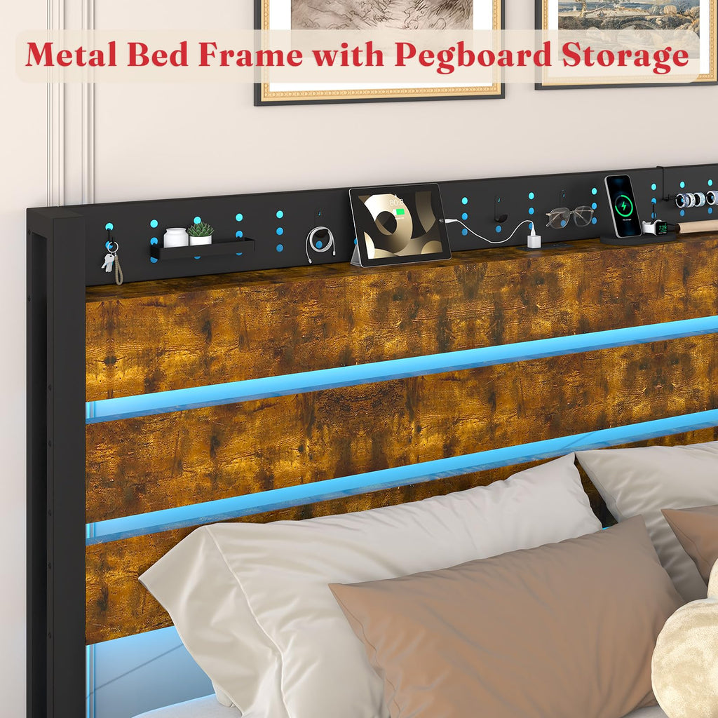 King Size Storage Bed Frame with 4 Drawers, Metal Bed Frame with Headboard Charging Station & Led Lights, Heavy Duty Platform Bedframe, No Box Spring Needed, Noise Free, Easy Assembly, Brown U54191