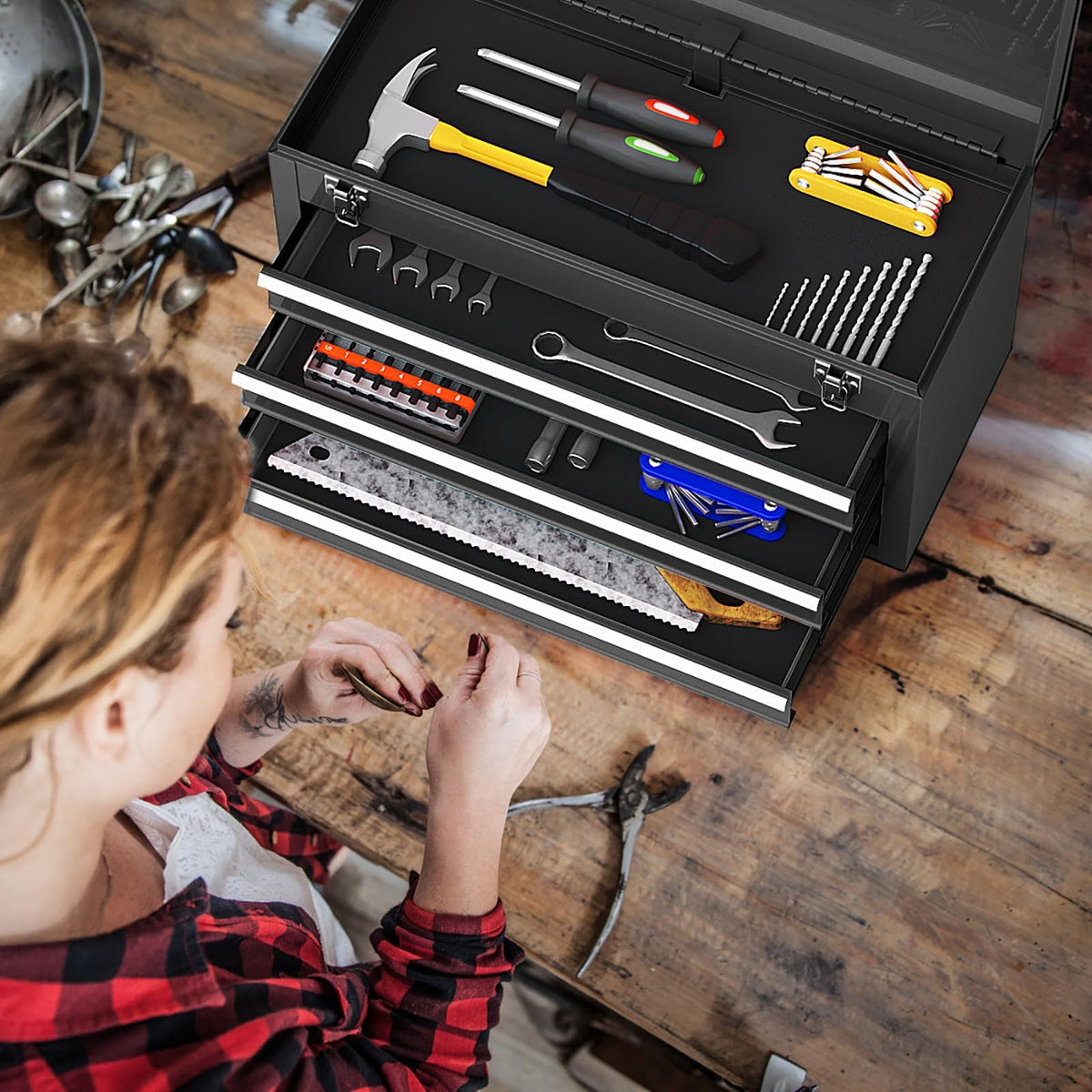 Portable Metal 3 Drawer Lockable Tool Box X18796