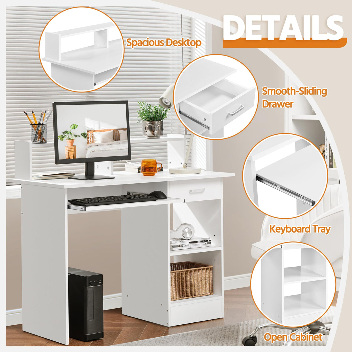 White Computer Desk with Keyboard Tray, Drawers, and Shelves X433