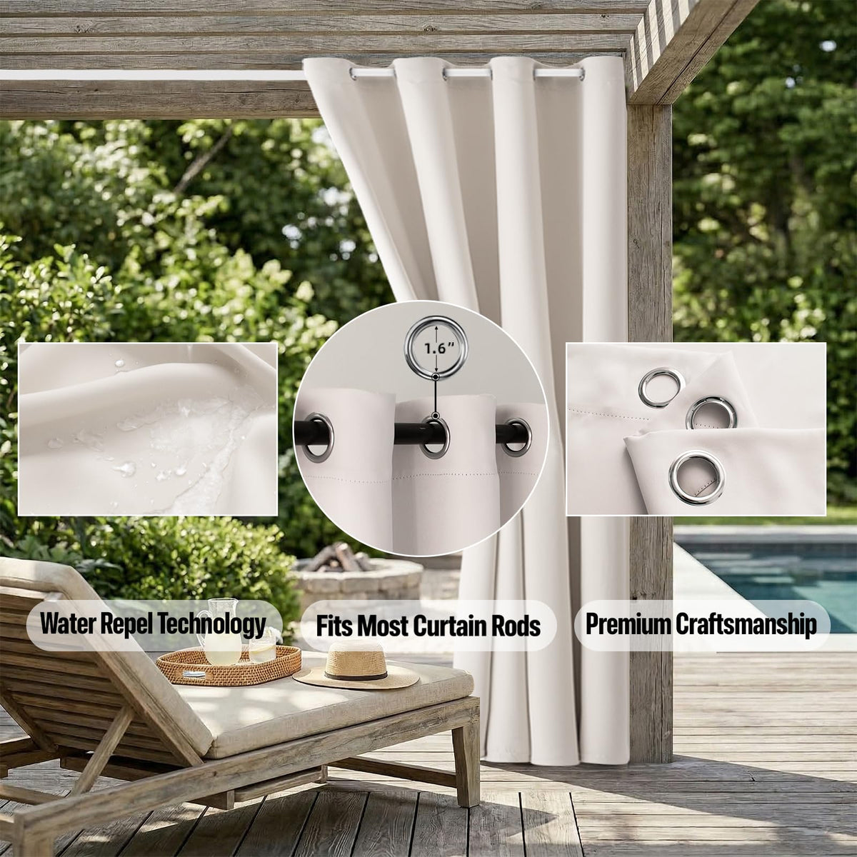 W52 x L108 Weather-resistant Grommet Top Curtains (2 Panels) T970