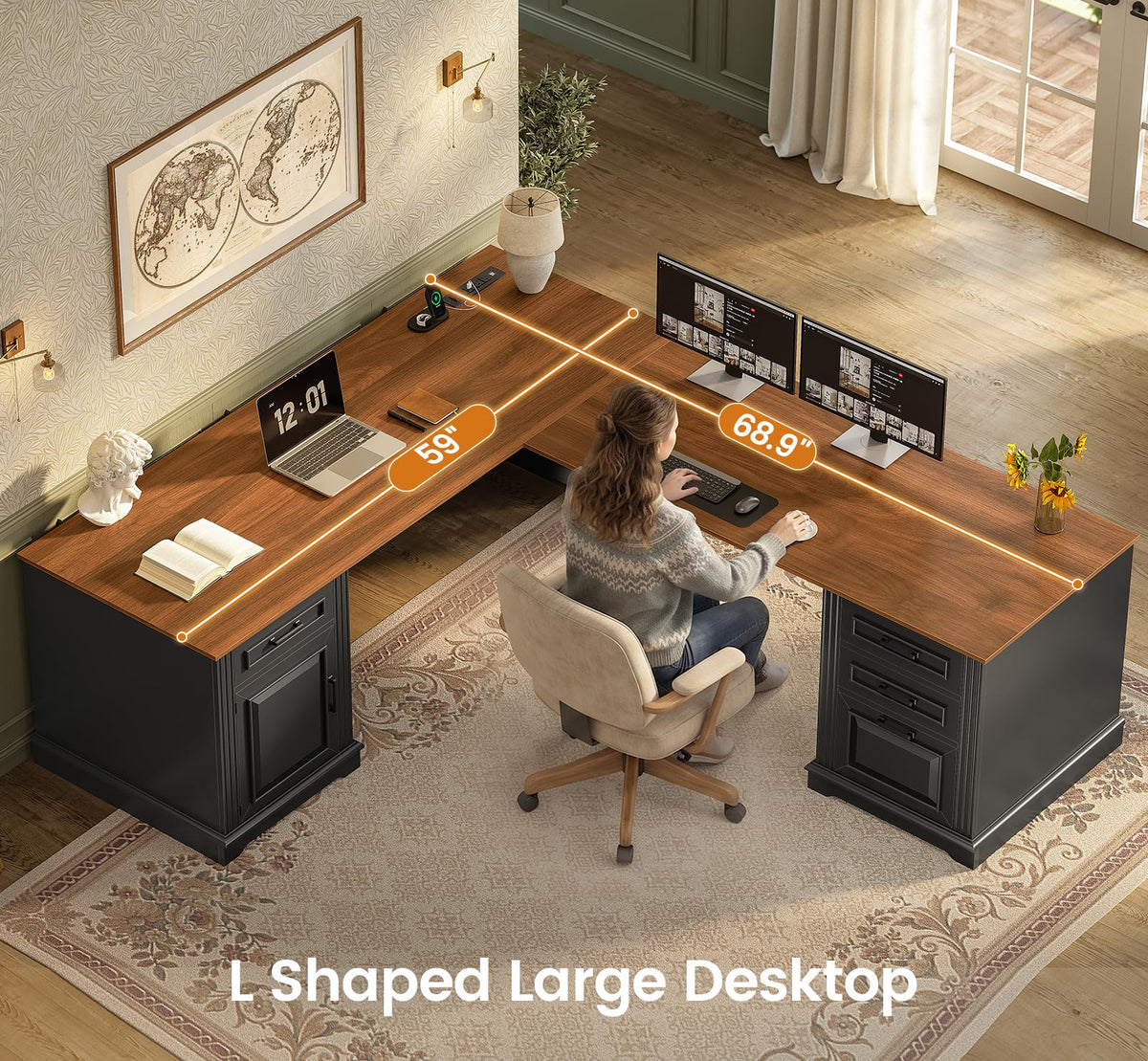 69" L Shaped Desk with Drawers and Storage Cabinet T190191