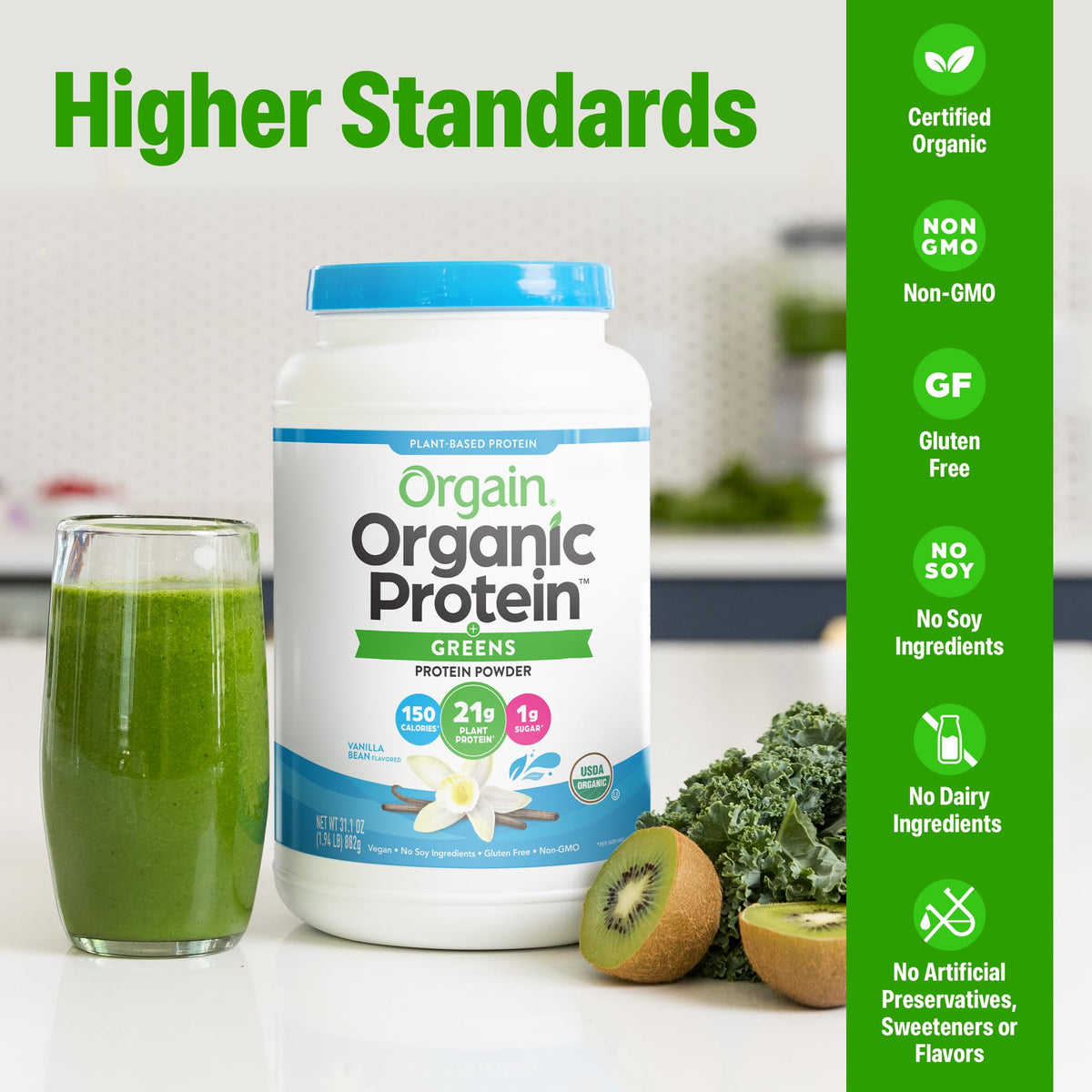 Organic Vegan Protein Powder + Greens Vanilla Bean 21g Plant Based Gluten Free Dairy Free 1.94lb Z71129