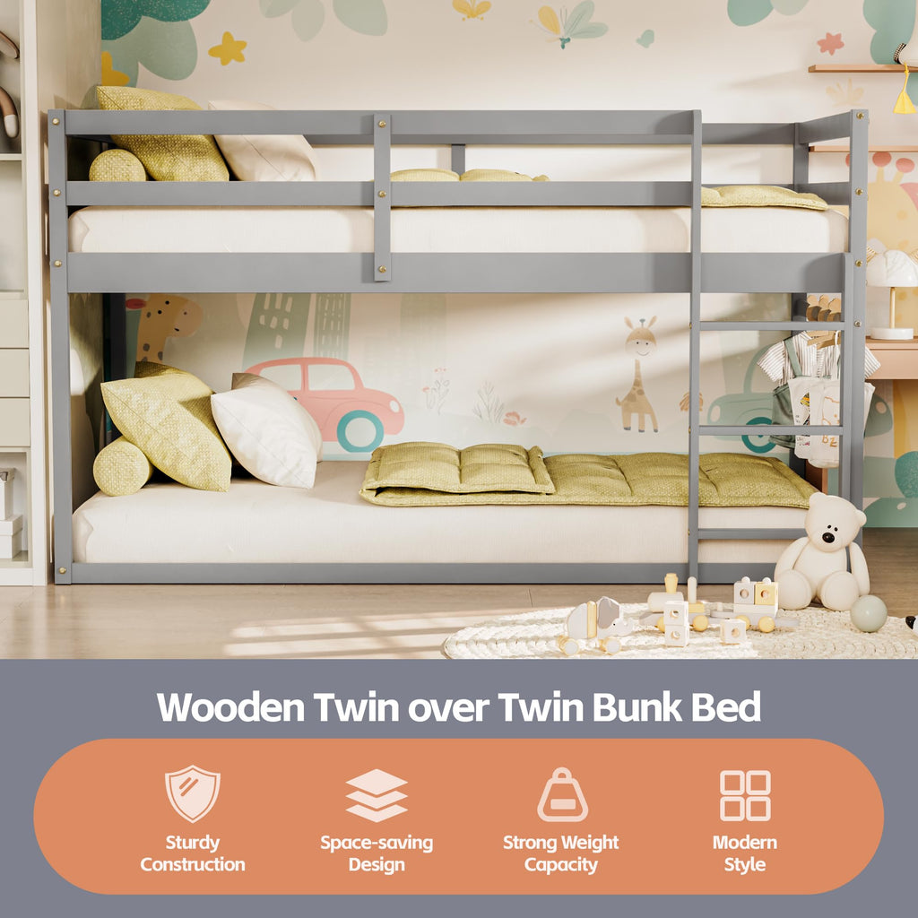 Low Twin Over Twin Wooden Bunk Bed with Ladder and Guardrails D48941